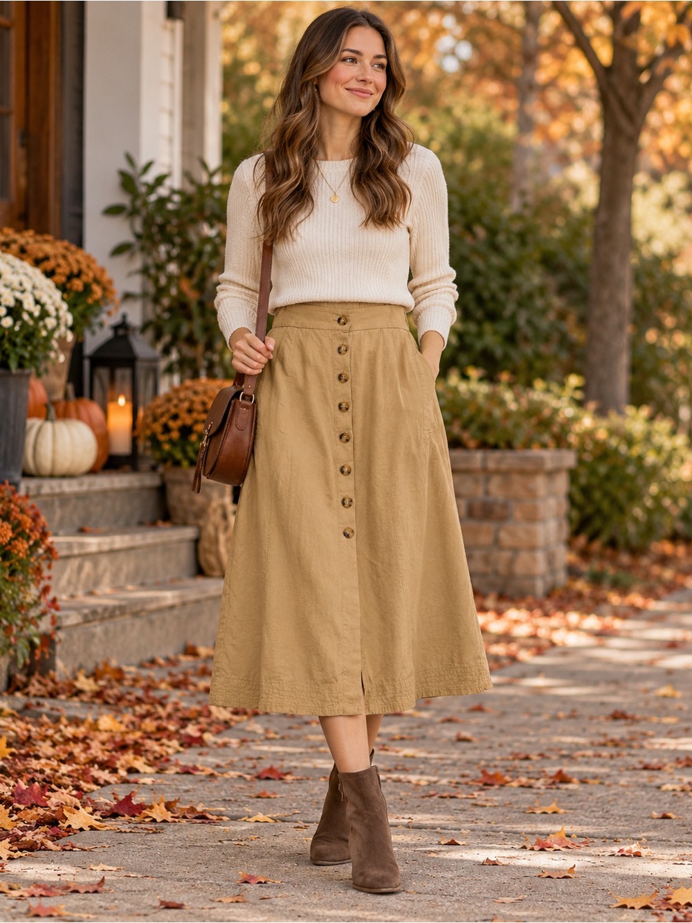 Universal Thread Size S Tan Linen Blend Button Front Midi Skirt